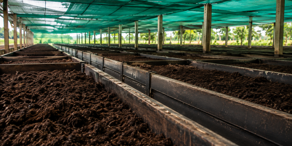 Covered vermicompost beds in rows at the production facility