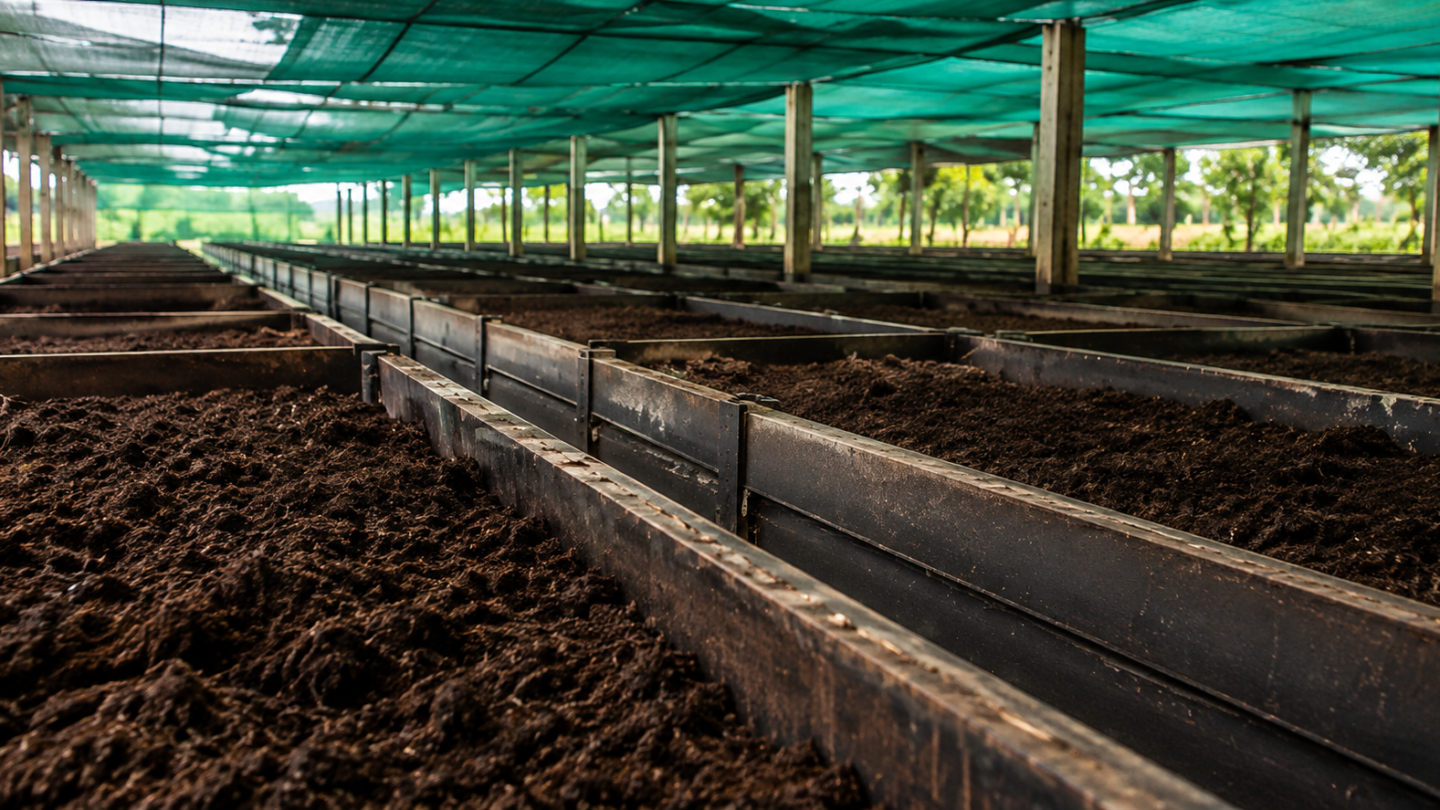 Rows of covered vermicompost beds at the Moon & Mars production site