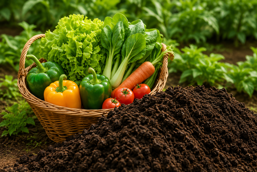 Freshly harvested vegetables beside vermicompost-enriched soil