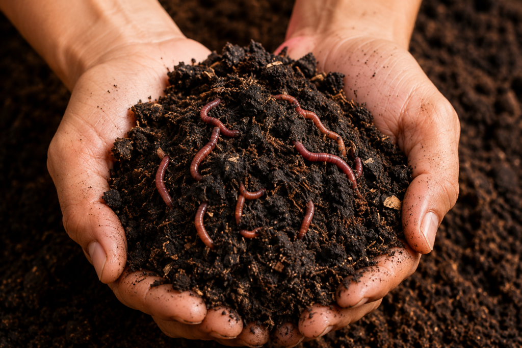 Finished screened vermicompost held in a hand